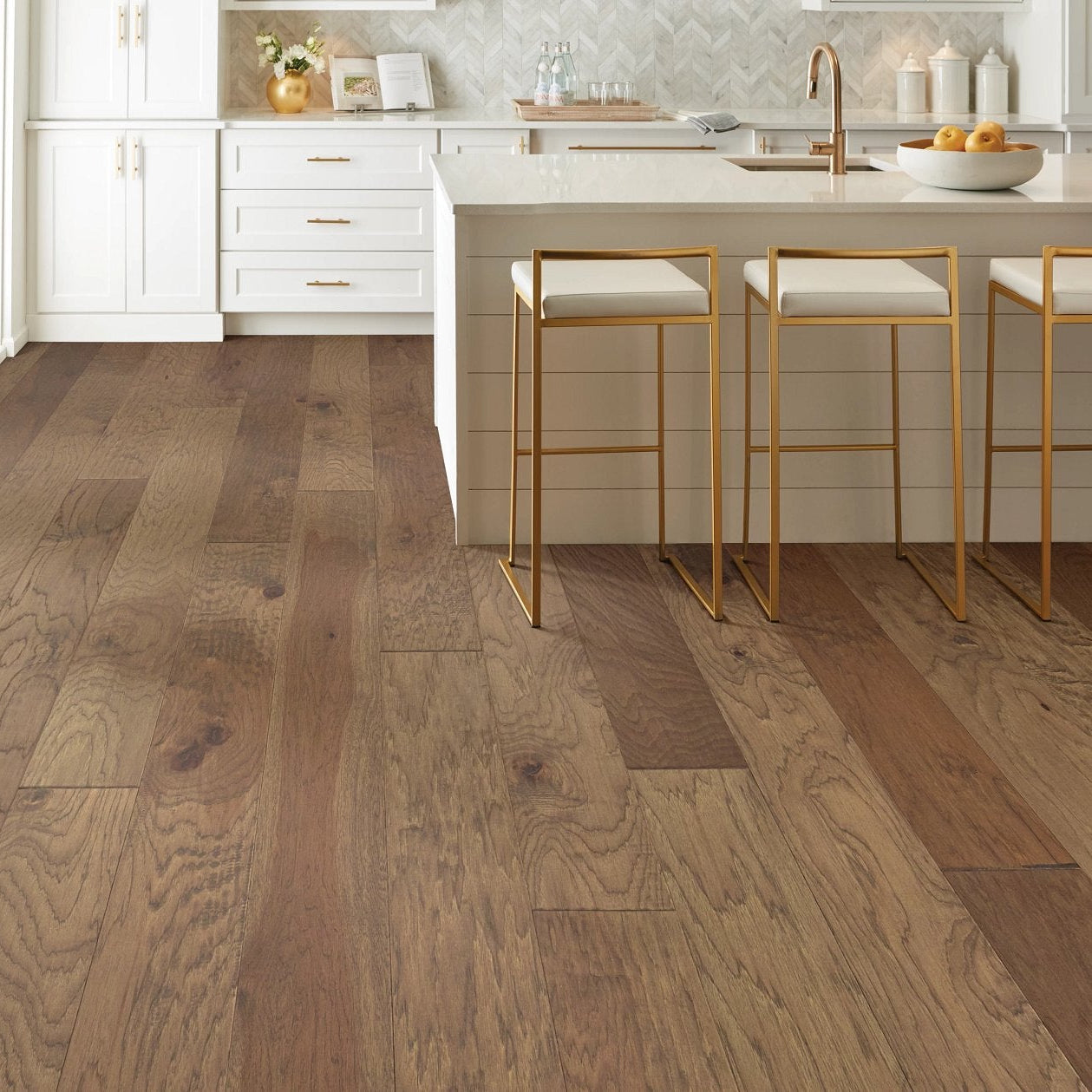 Living room view of Shaw Pebble Hill 6 3/8 Cassia Bark engineered hardwood flooring, showing natural wood hardwood color near the furniture layout.