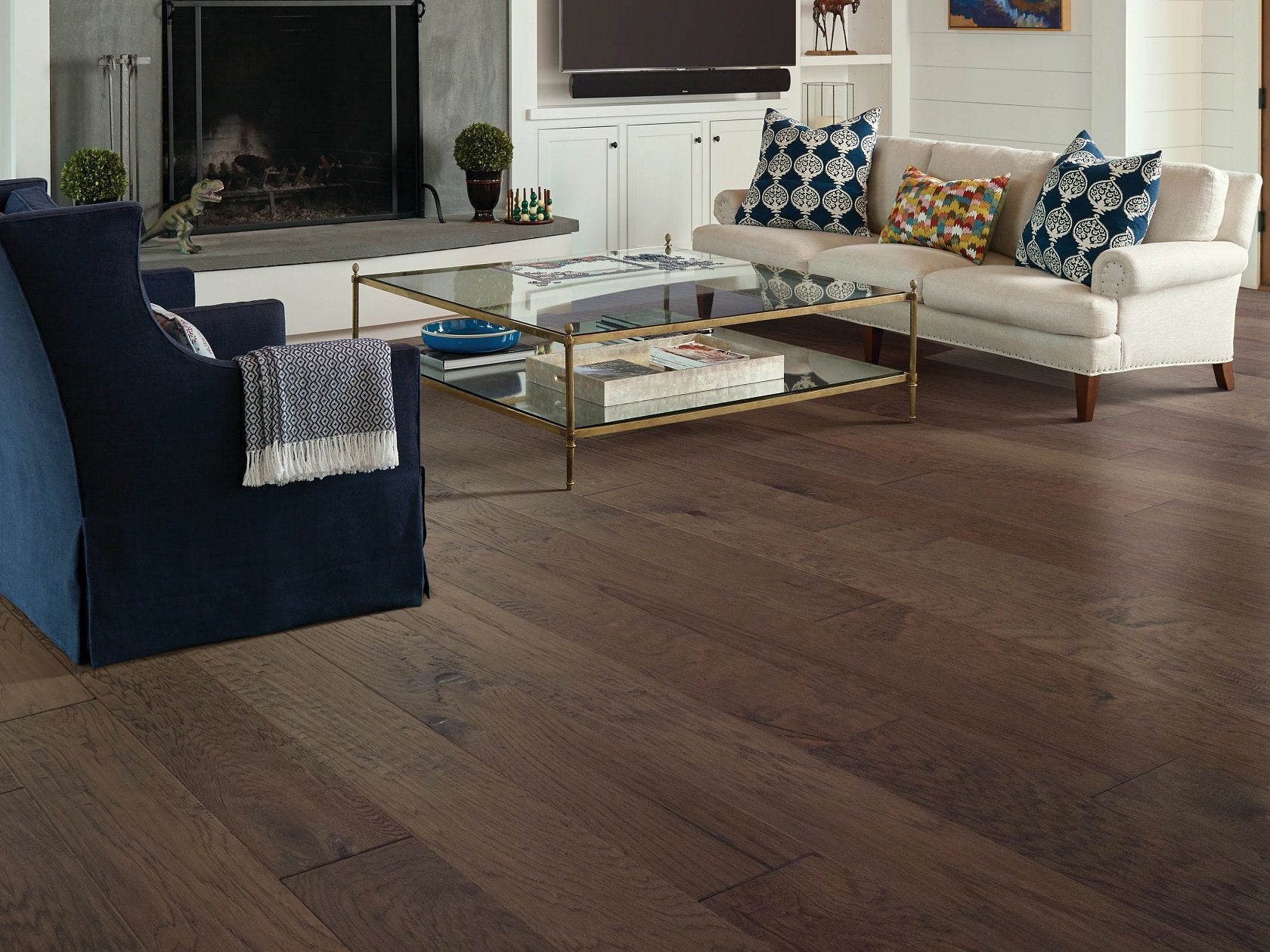Shaw Pebble Hill 6 3/8 Shearling engineered hardwood flooring photographed in a living room, pairing natural wood hardwood with the furniture layout.