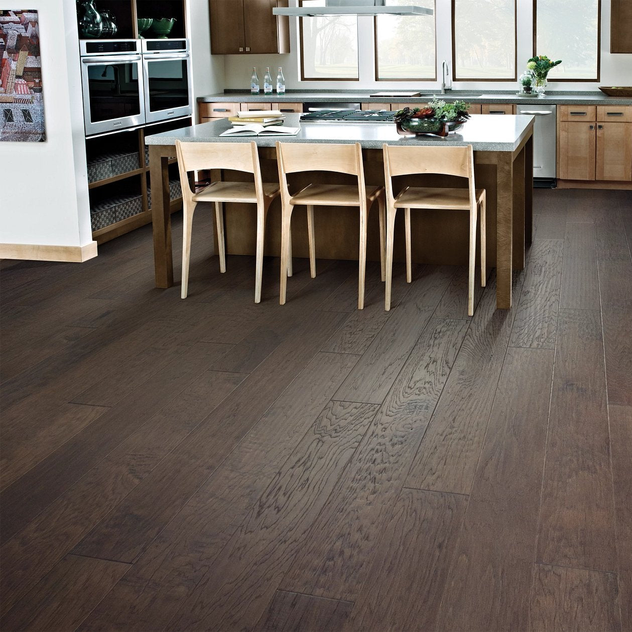 Shaw Pebble Hill 6 3/8 Pumice engineered hardwood flooring in a living room, where soft taupe wood tones sit naturally with sofa seating and the open floor area.