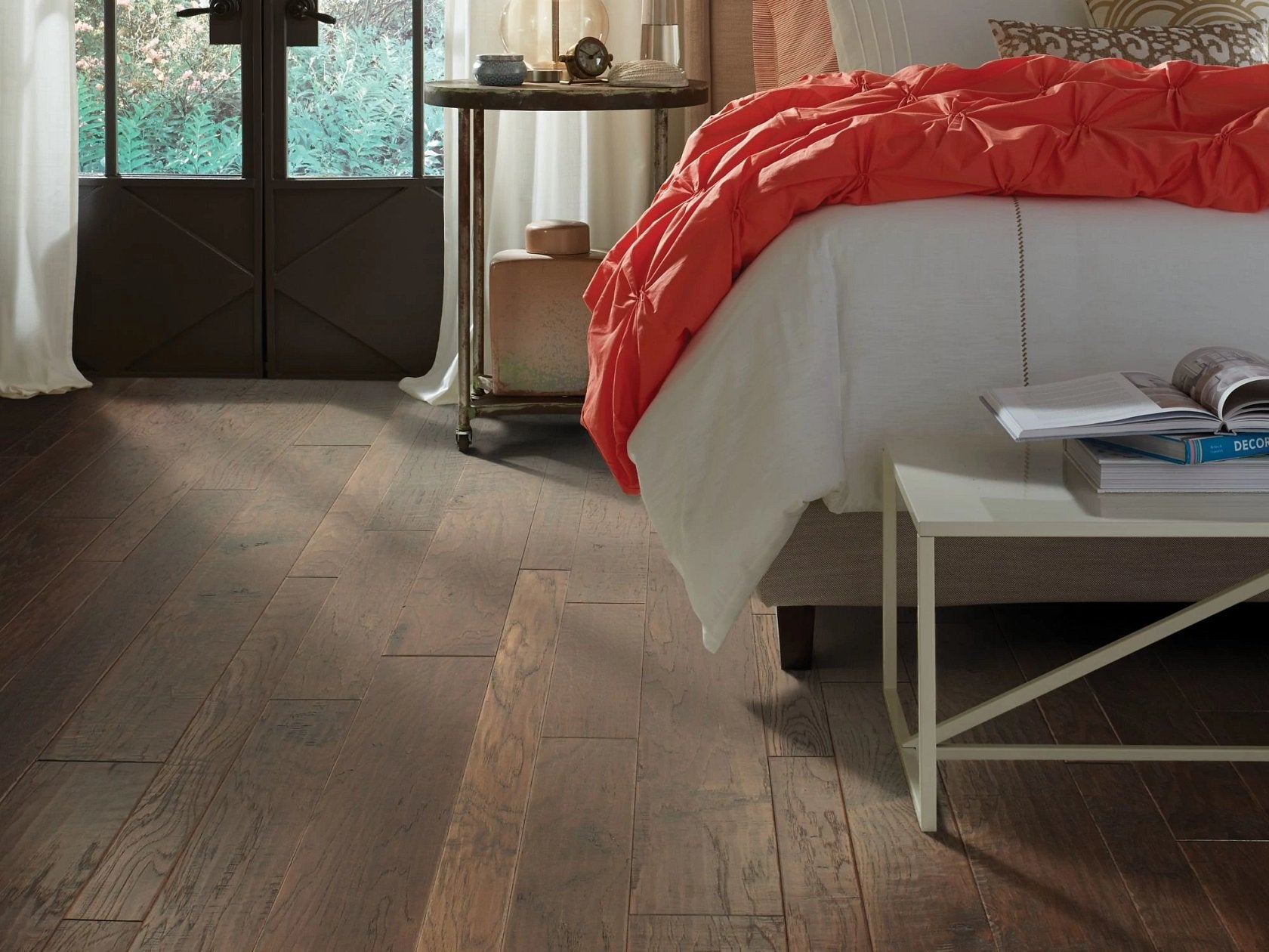 Shaw Pebble Hill Hickory Mixed Width Weathered Saddle engineered hardwood flooring in a living room, where natural wood wood tones sit naturally with the furniture layout.