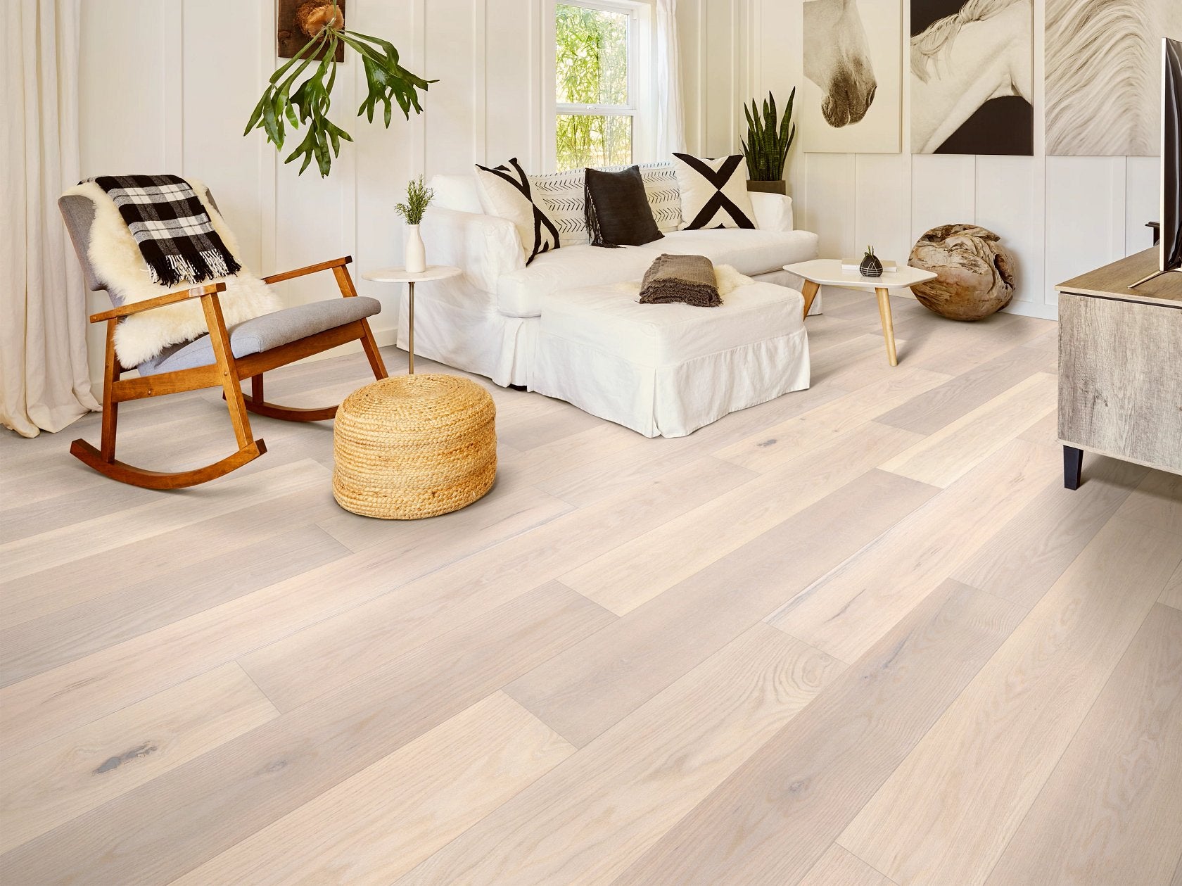 Shaw Landmark Sliced Oak Glacier engineered hardwood flooring shapes this living room with natural wood color around the furniture layout.