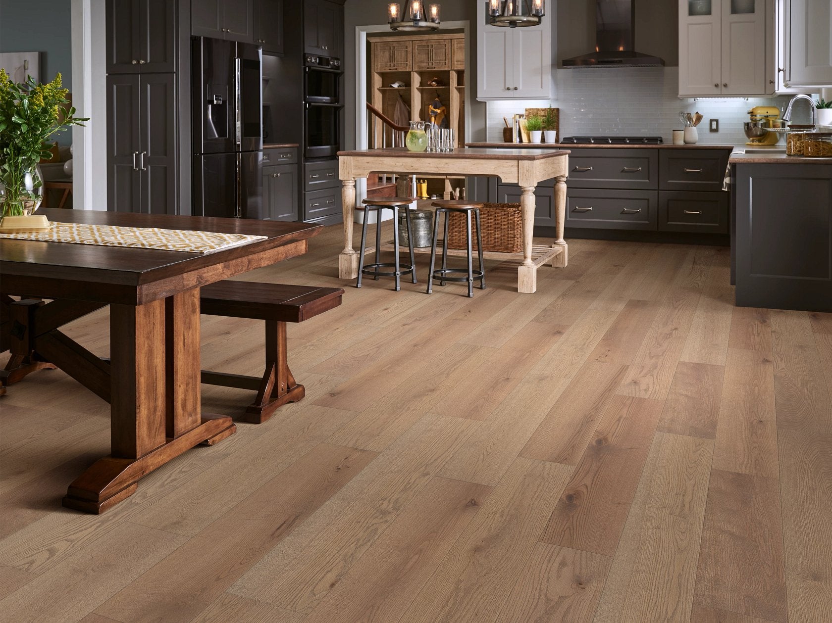 Shaw Landmark Sliced Oak Great Basin engineered hardwood flooring photographed in a living room, pairing natural wood hardwood with the furniture layout.