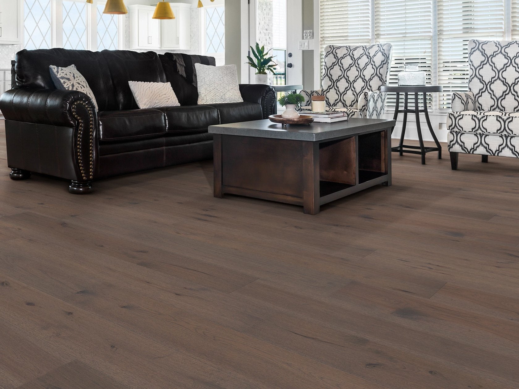 Shaw Landmark Sliced Hickory Mojave engineered hardwood flooring shapes this living room with natural wood color around the furniture layout.