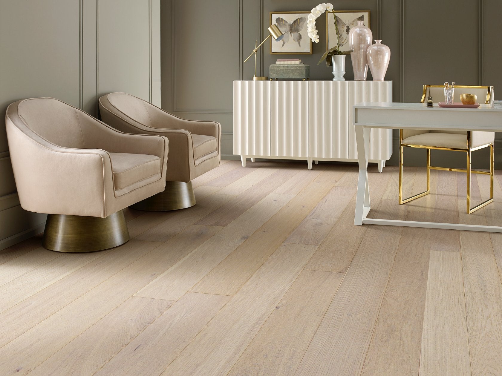 Shaw Utmost Base engineered hardwood flooring photographed in a living room, pairing natural wood hardwood with the furniture layout.