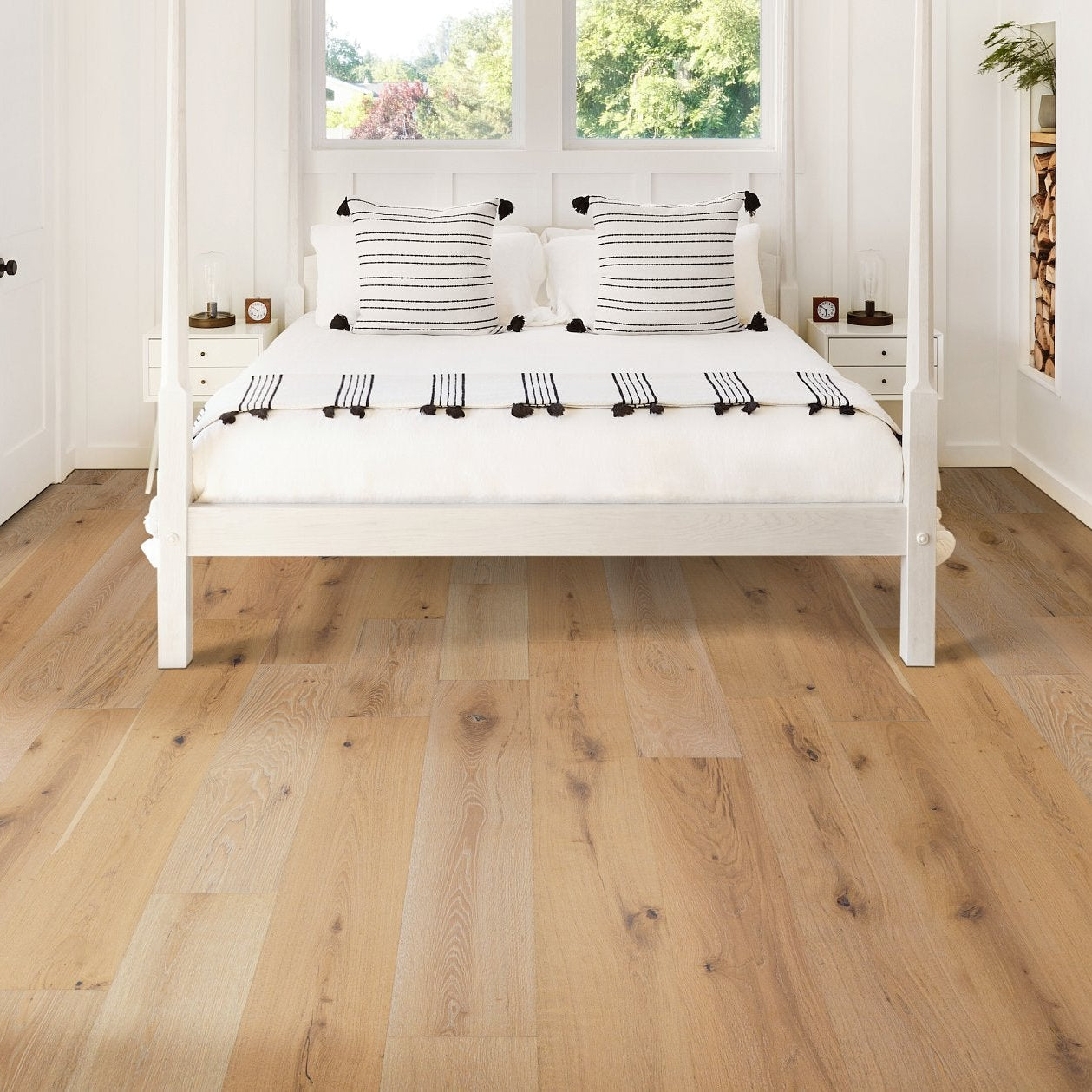 Shaw Expressions 9.5 Fresco engineered hardwood flooring in a bedroom, where soft natural wood tones sit naturally with the bed and nightstand styling.