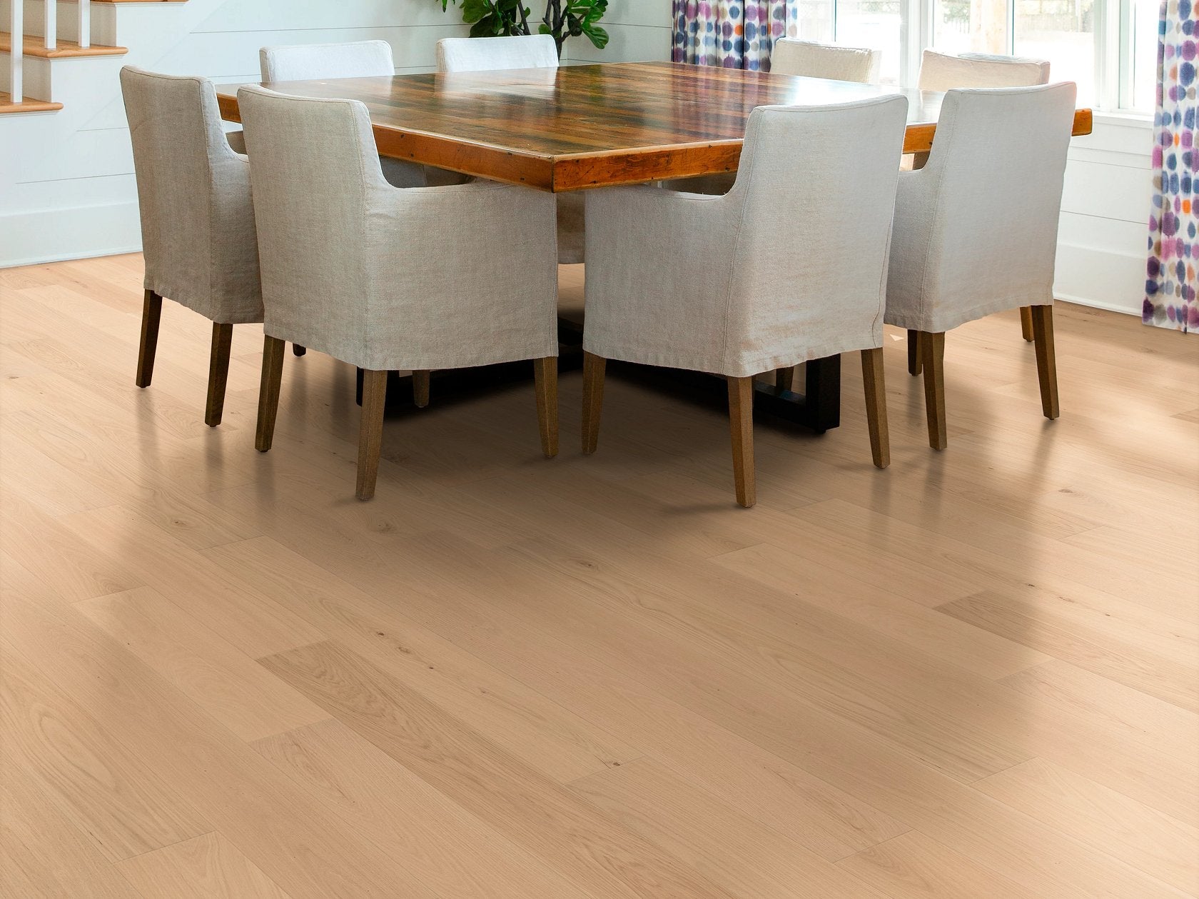 Shaw Natural Classics White Oak engineered hardwood flooring shown across a living room, highlighting a natural wood hardwood look.