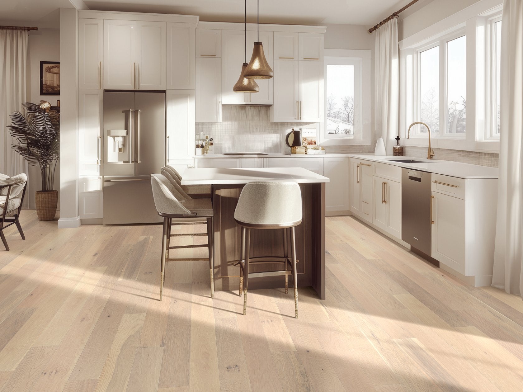 Shaw Americana Oak Anthem engineered hardwood flooring in a living room, where natural wood wood tones sit naturally with sofa seating and the open floor area.