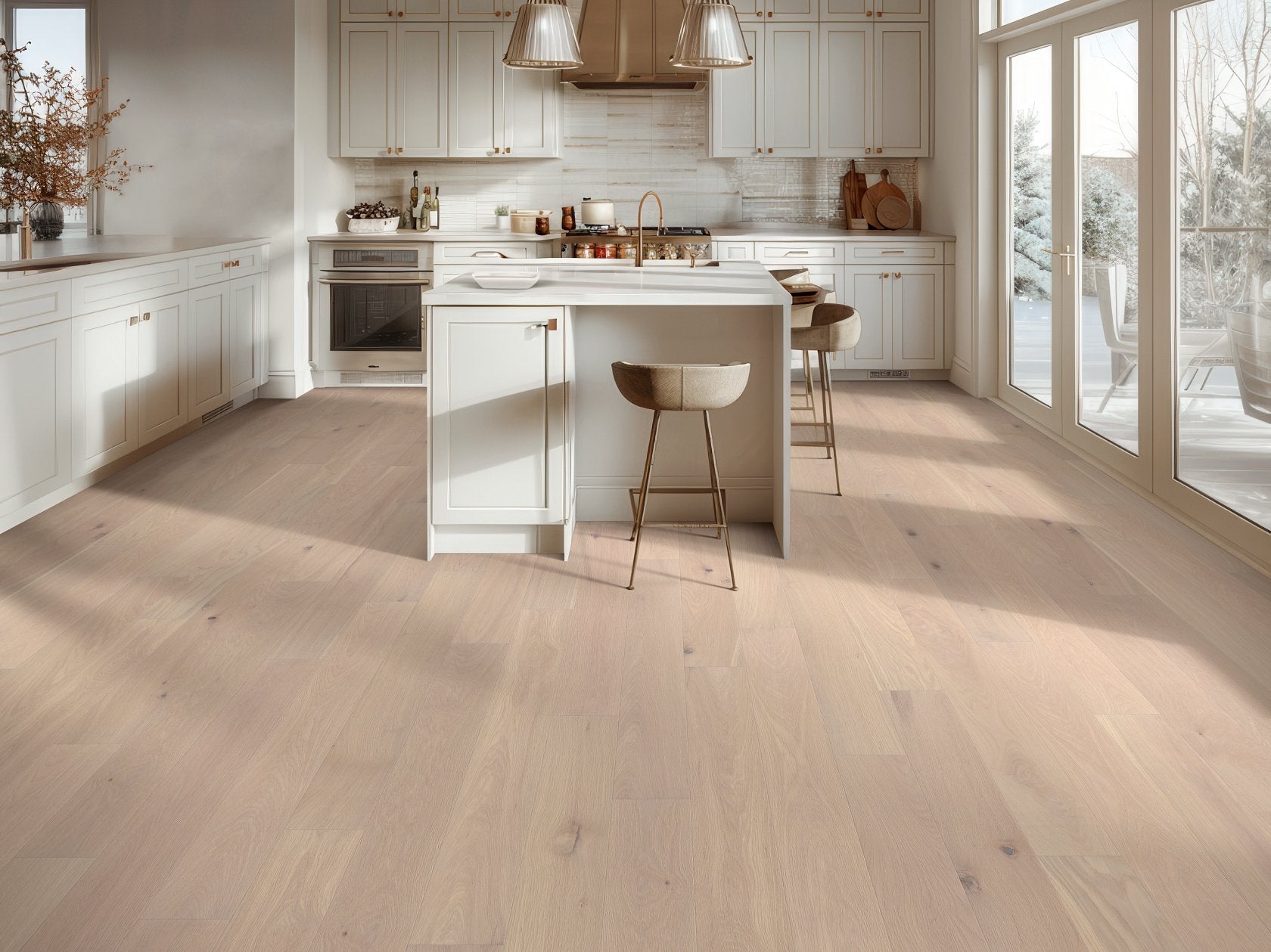 Shaw Americana Oak Tradition engineered hardwood flooring photographed in a classy kitchen aesthetic, pairing natural wood hardwood with the furniture layout.
