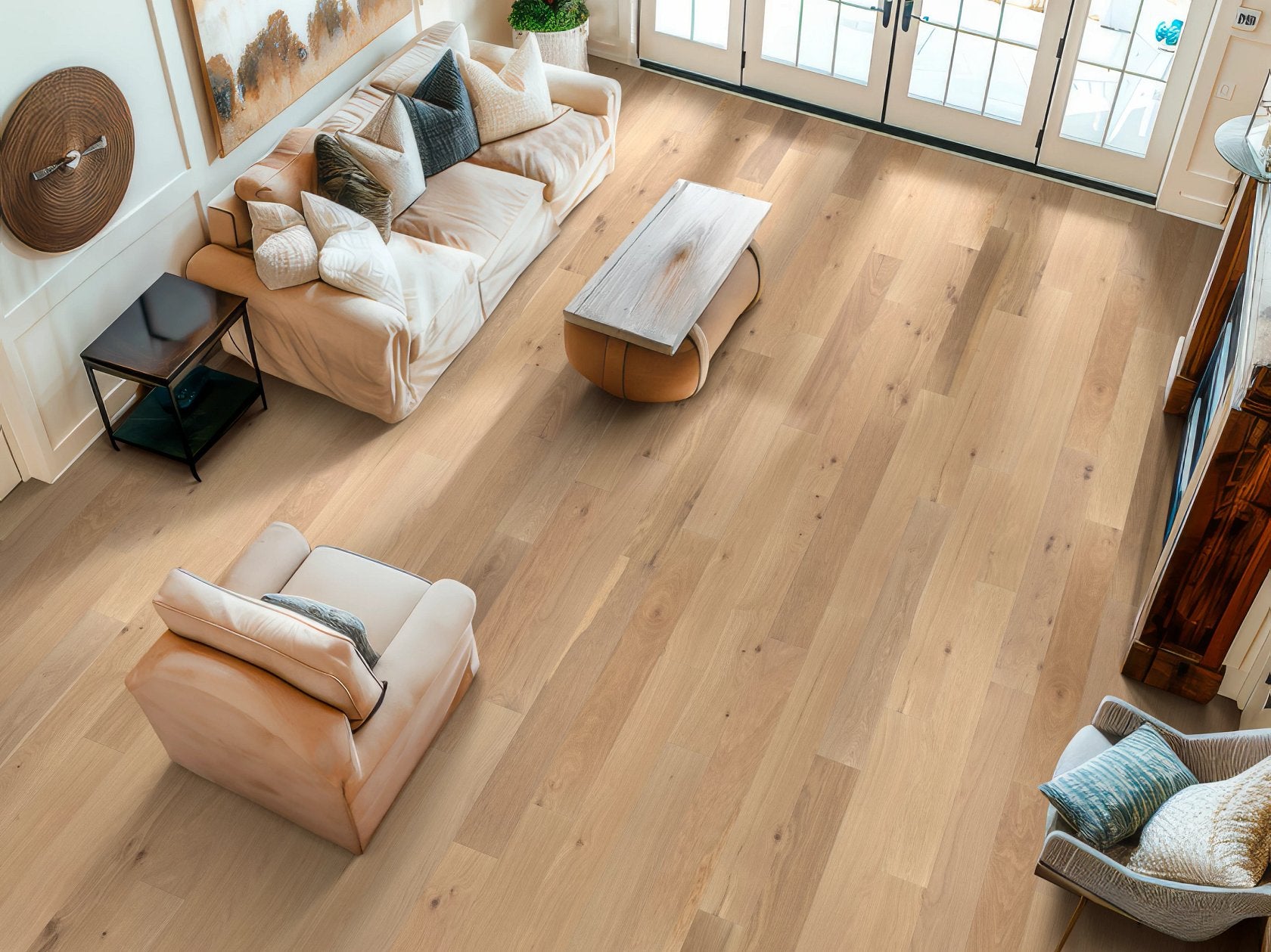 Shaw Americana Oak Ethos engineered hardwood flooring photographed in a living room, pairing natural wood hardwood with the furniture layout.