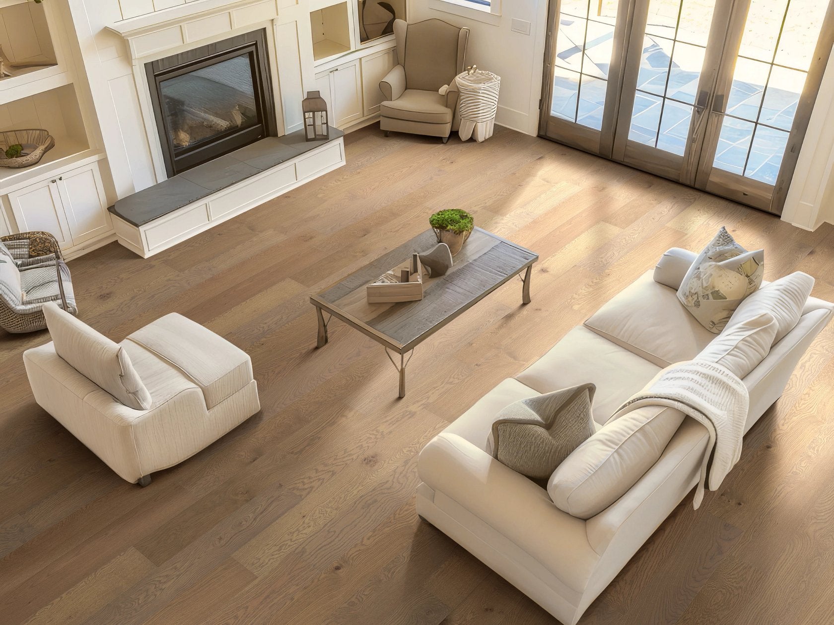 Shaw Americana Oak Legacy engineered hardwood flooring gives this living room a polished look, with natural wood color around the furniture layout.