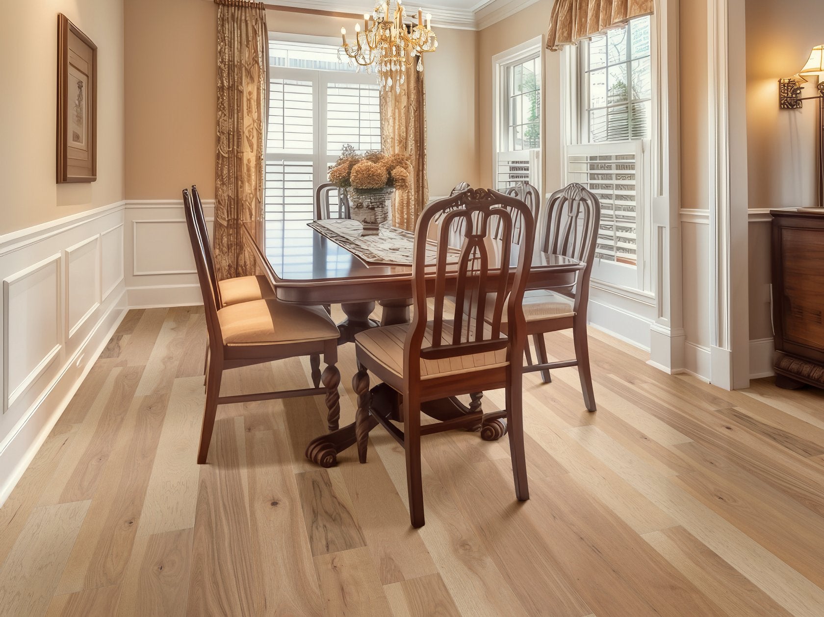 Shaw Americana Hickory Spirit engineered hardwood flooring brings natural wood wood tone to this polished living room room view.