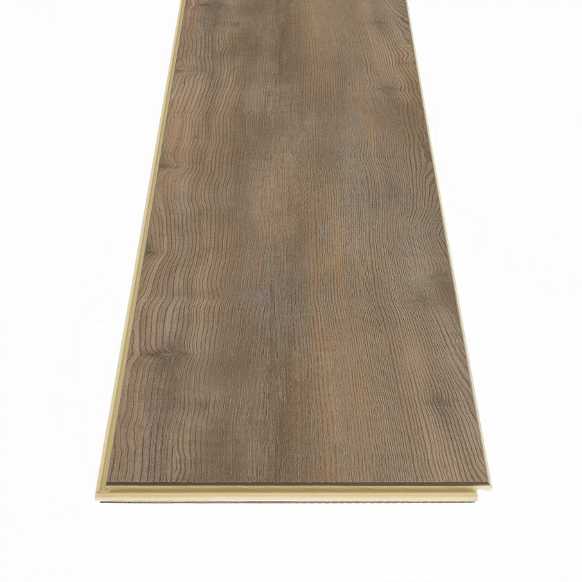 with visible edge banding showing COREtec Treasure Pine WPC Vinyl Plank Flooring VV457-02906 LVP Originals Premium 9" x 72"warm medium-tan pine wood grain finish