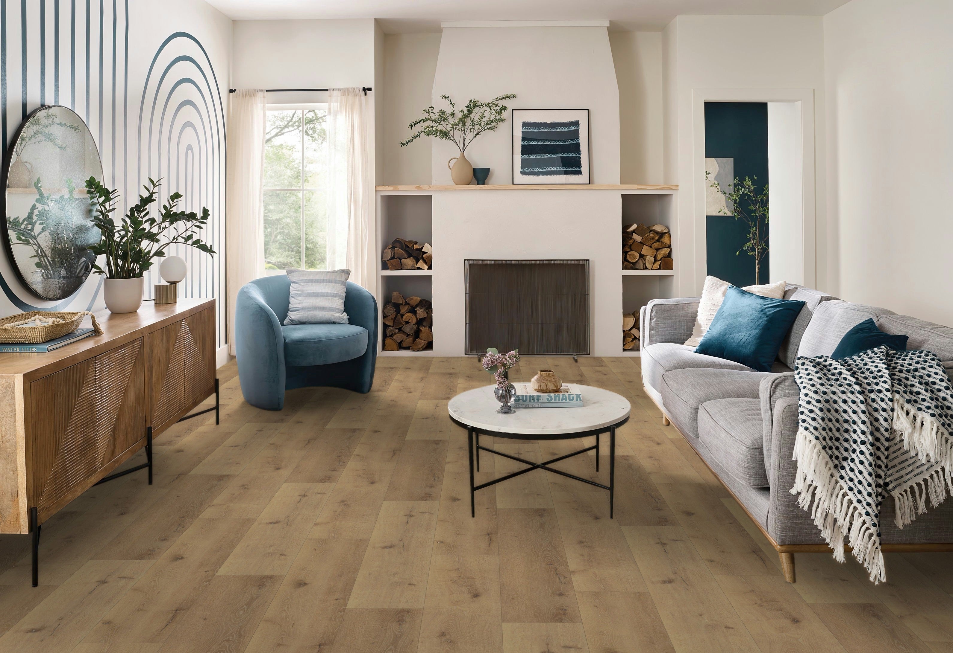 A Modern LIVING Room with coretec cairo oak vinyl plank flooring lvp. Best spc Vinyl flooring 