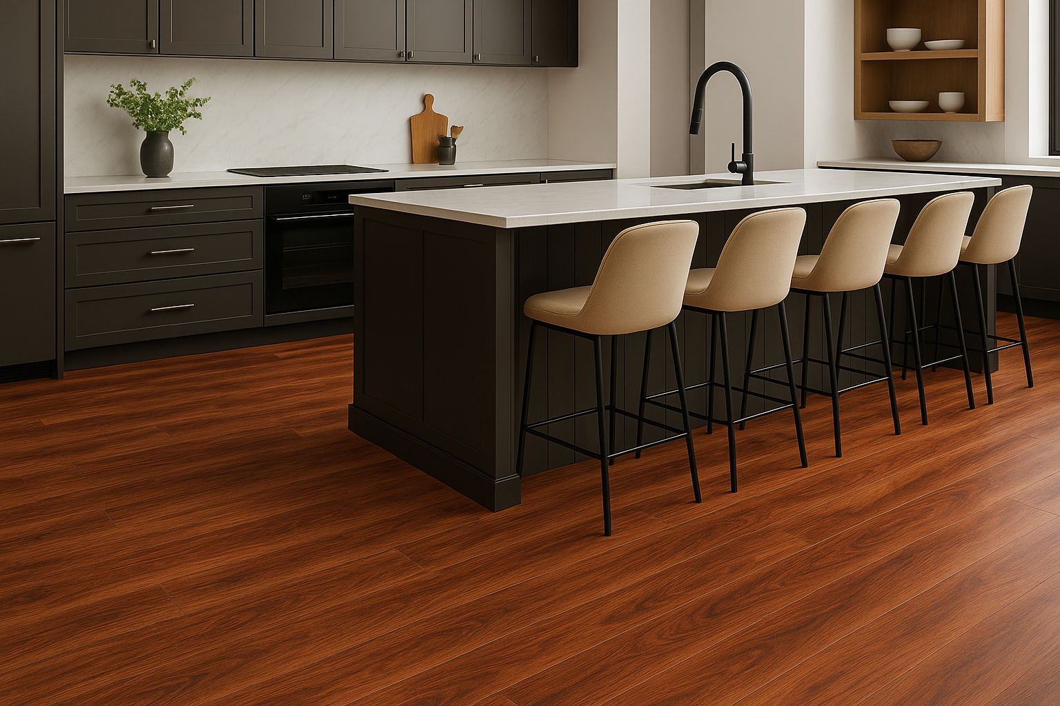 Modern kitchen featuring dark cabinetry, a marble countertop island with beige bar stools, and warm wooden flooring. 