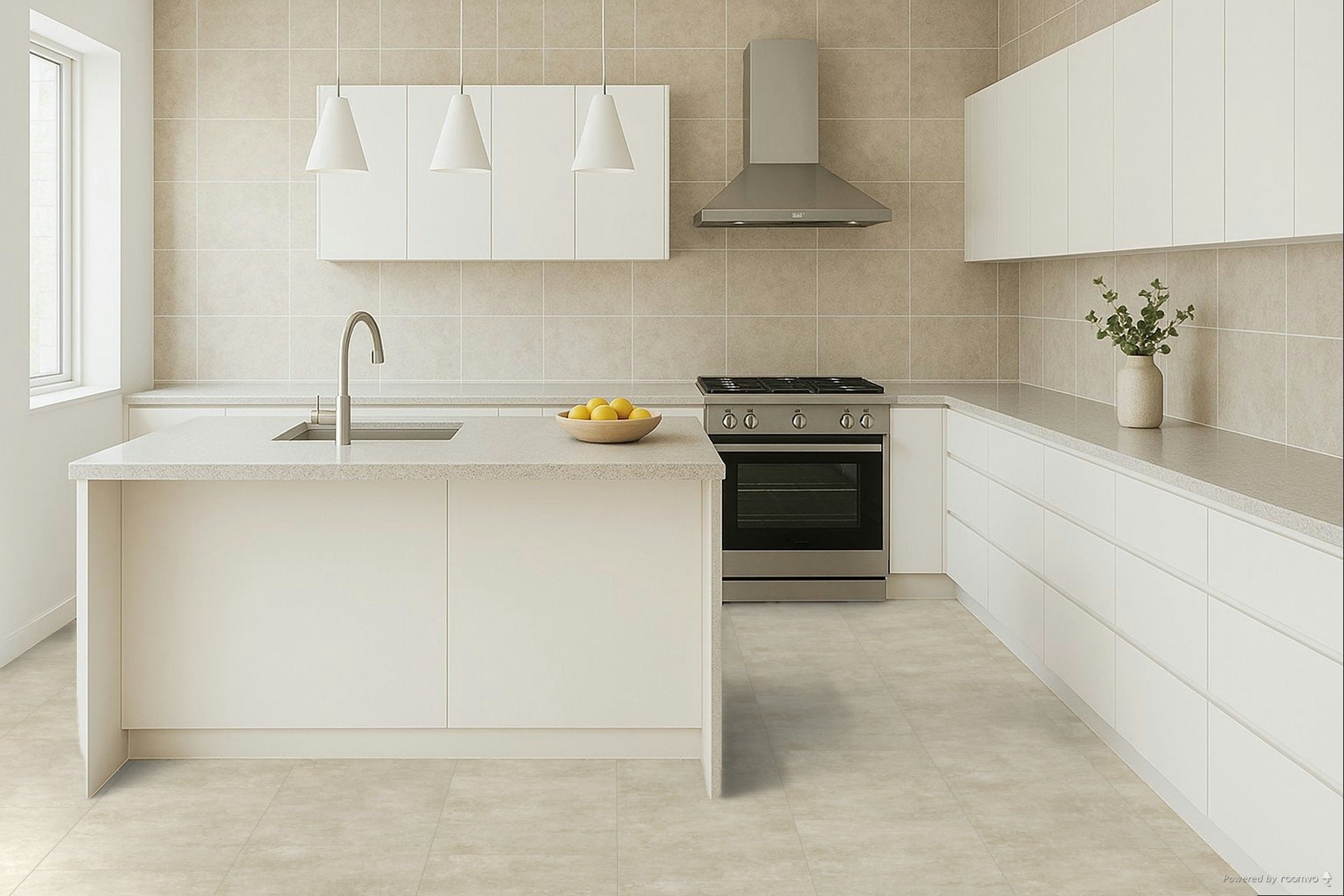 Modern kitchen featuring a central island, stainless steel appliances, crisp white cabinetry, and natural light through a window.