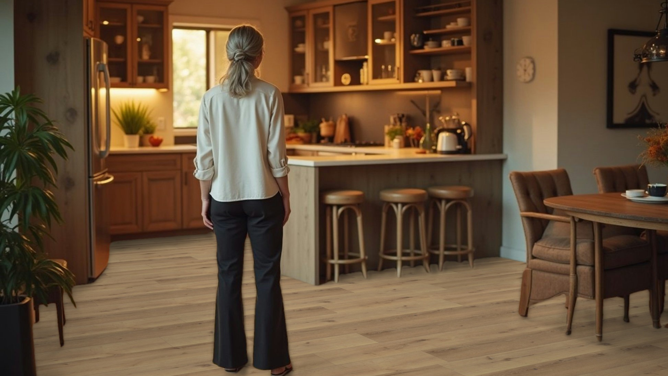 Woman standing in a cozy, modern kitchen with natural wood cabinetry, ambient lighting, and wide-plank COREtec Cairo Oak waterproof vinyl flooring in a light oak finish, ideal for open-concept dining and kitchen spaces.