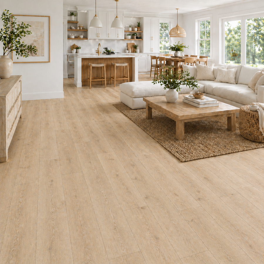 White oak LVP flooring in a bright open-concept living room and kitchen with neutral furniture, wide plank wood visuals, and natural light.