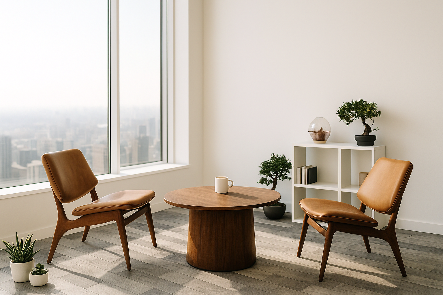 Modern high-rise room with large windows overlooking a city skyline, featuring two tan leather chairs, a round wooden coffee table with a mug, small potted plants, and Kingsdown Grey flooring.
