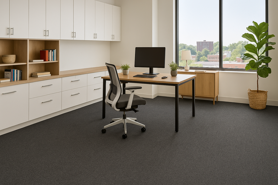 Bright office with gray carpet tiles, white desks, and natural daylight.