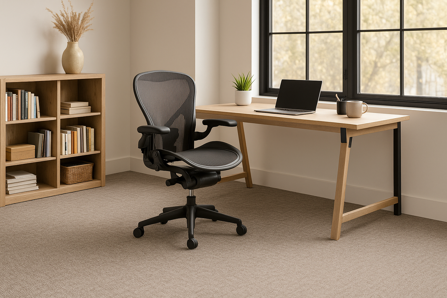 Home office with gray carpet tiles, wooden desk, and ergonomic computer chair.