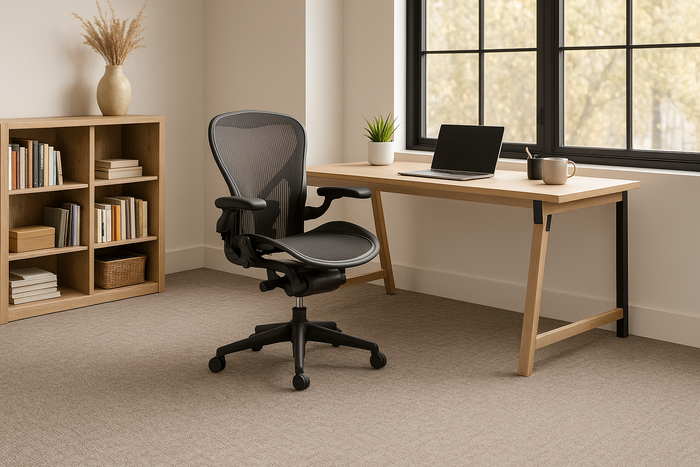 Home office with gray carpet tiles, wooden desk, and ergonomic computer chair.