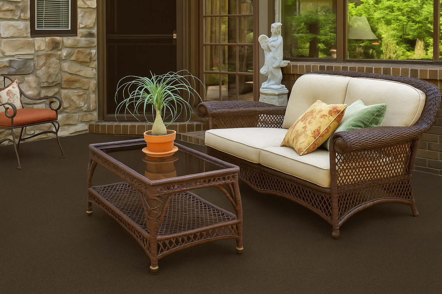 Outdoor patio with brown carpet tile flooring, wicker furniture with cream cushions, glass coffee table holding a potted plant, and a stone wall with a garden statue near a glass door.