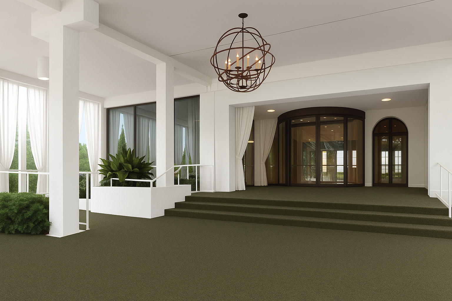 Covered building entrance with dark green patterned carpet, white columns, glass doors with curtains, plants along the walkway, and a bronze spherical chandelier overhead.