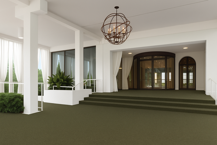 Covered building entrance with dark green patterned carpet, white columns, glass doors with curtains, plants along the walkway, and a bronze spherical chandelier overhead.