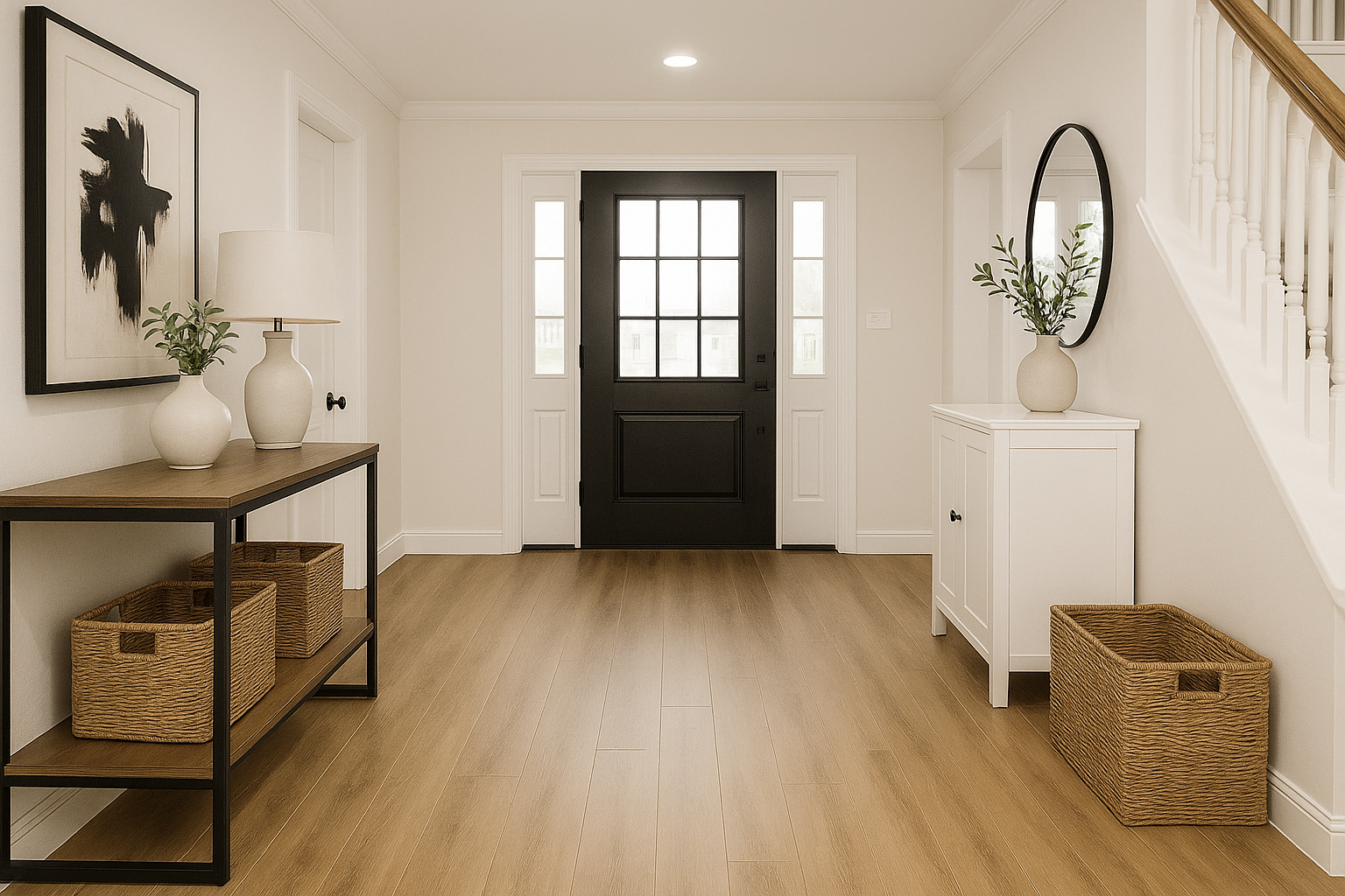 Spacious hallway with Stanton Floors 2000 Restoration SPC vinyl plank flooring in a medium oak wood look, featuring a black front door, console table, and staircase.