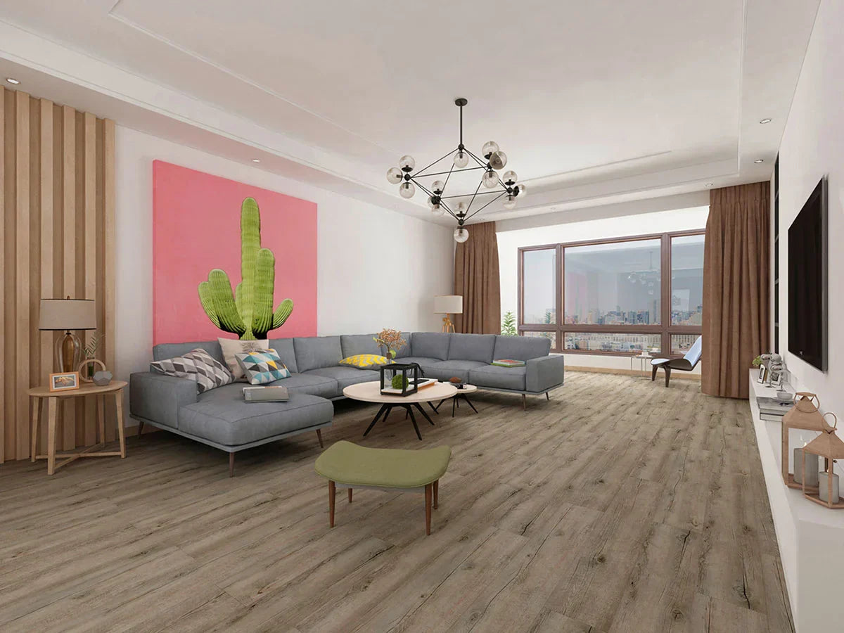 Modern living room with Stanton Floors 2000 Restoration 107 SPC luxury vinyl plank flooring in a rustic oak wood look.