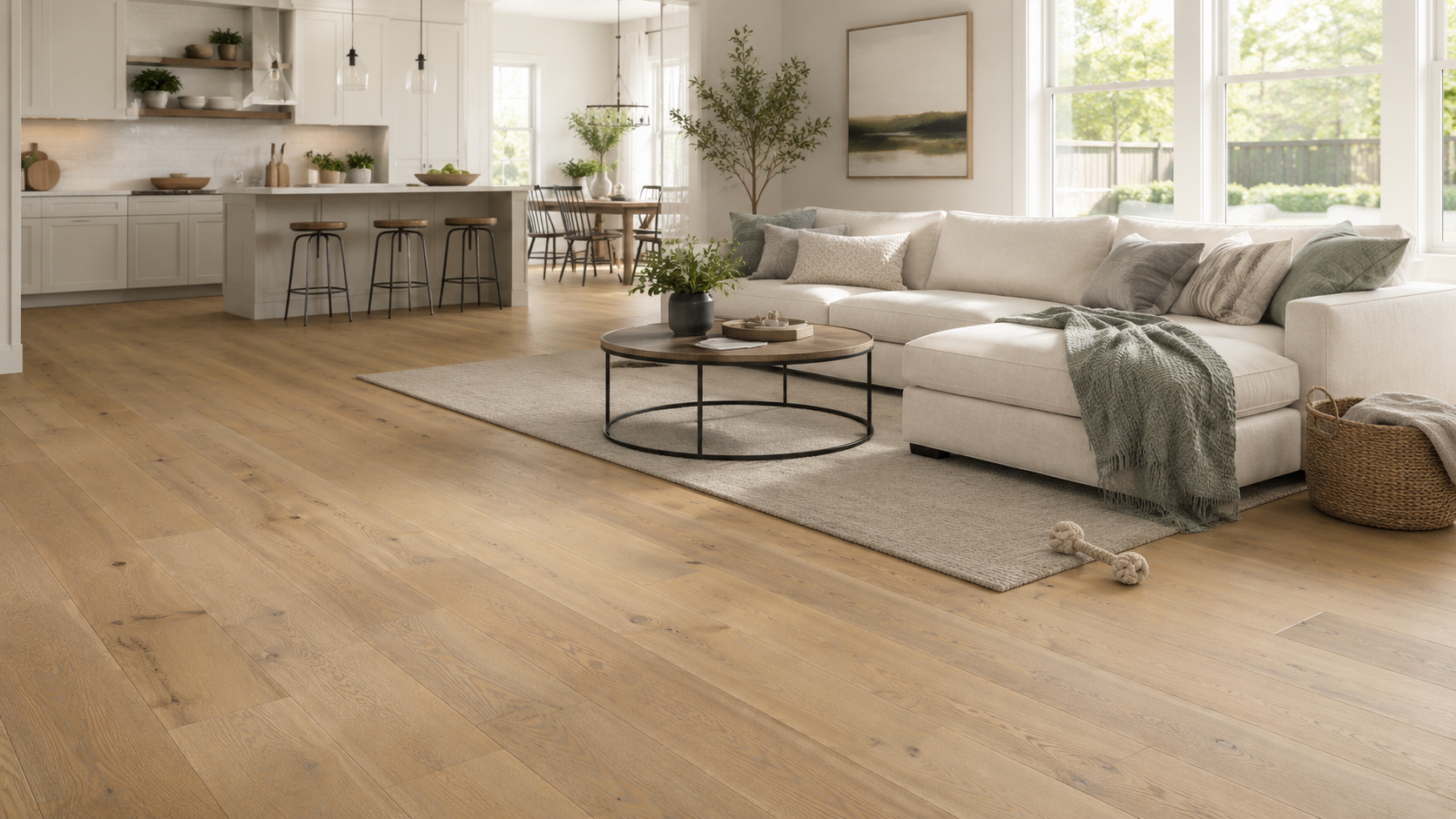Light oak Shaw engineered hardwood flooring in an open concept living room and kitchen with wide planks, natural wood grain, knots, and pet-friendly home styling.