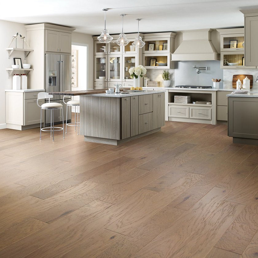 Shaw High Plains 6 3/8 Jute engineered hardwood flooring photographed in a living room, pairing natural wood hardwood with the furniture layout.