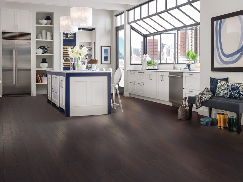 Shaw Albright Oak 5.0 Charcoal engineered hardwood flooring in a living room, with brown color giving the room a welcoming finished look.