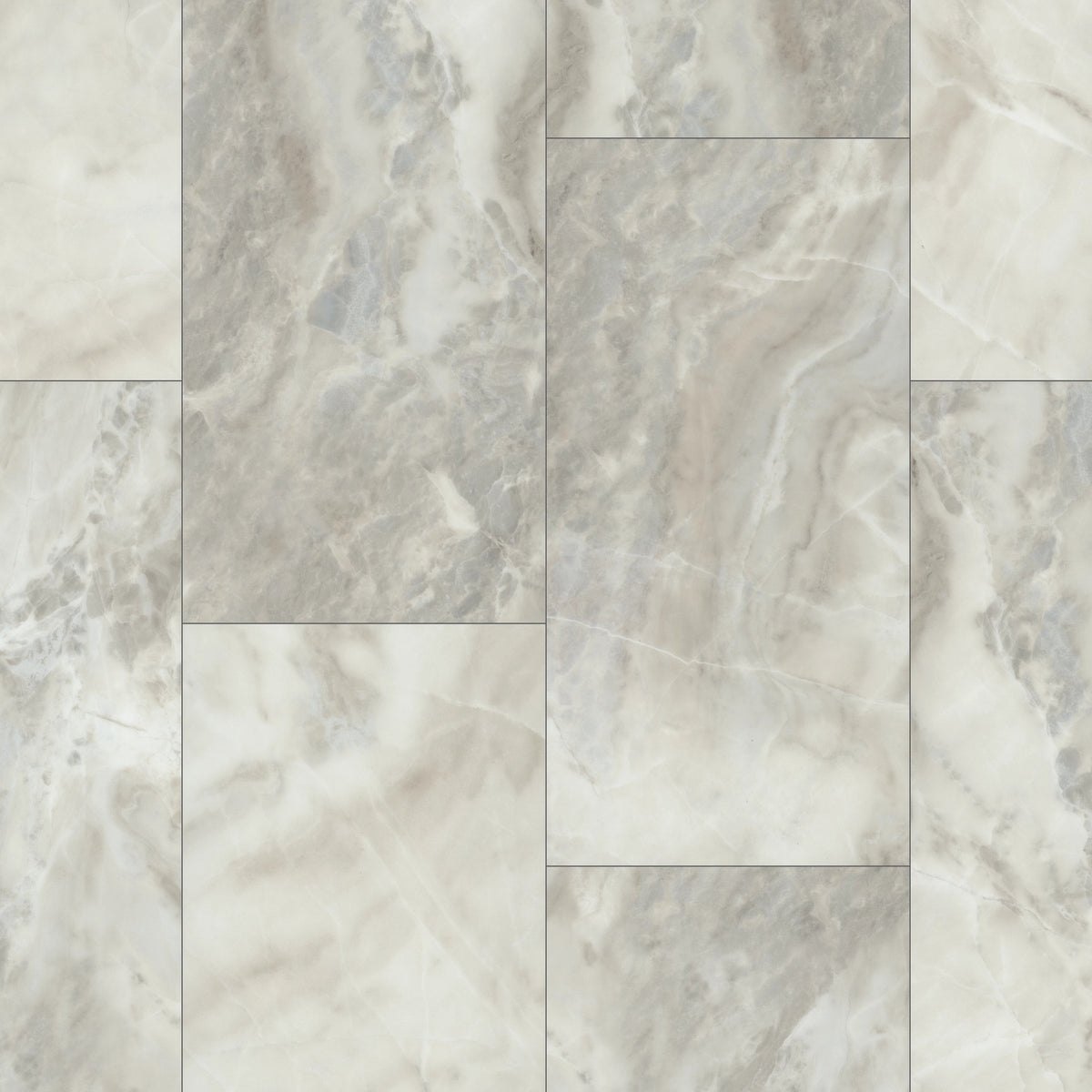Onyx-like ribbons and cloudy gray patches distinguish Shaw Paragon Tile Plus White Onyx 1022V-01101, with strong variation between pale rectangular pieces.