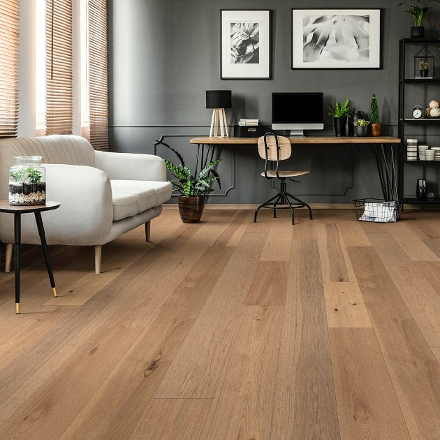 Living room view of Shaw Castlewood Hickory Highlands engineered hardwood flooring, showing natural wood hardwood color near the furniture layout.