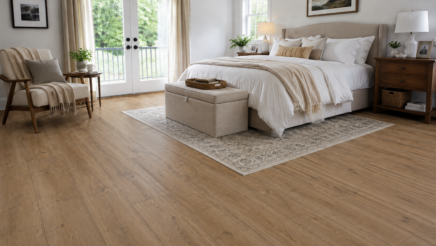 Luxway Barrington rich medium-dark brown waterproof SPC luxury vinyl plank flooring in a bright modern American bedroom with white bedding, upholstered bed, wood nightstands, woven bench, balcony doors, and realistic aged oak grain