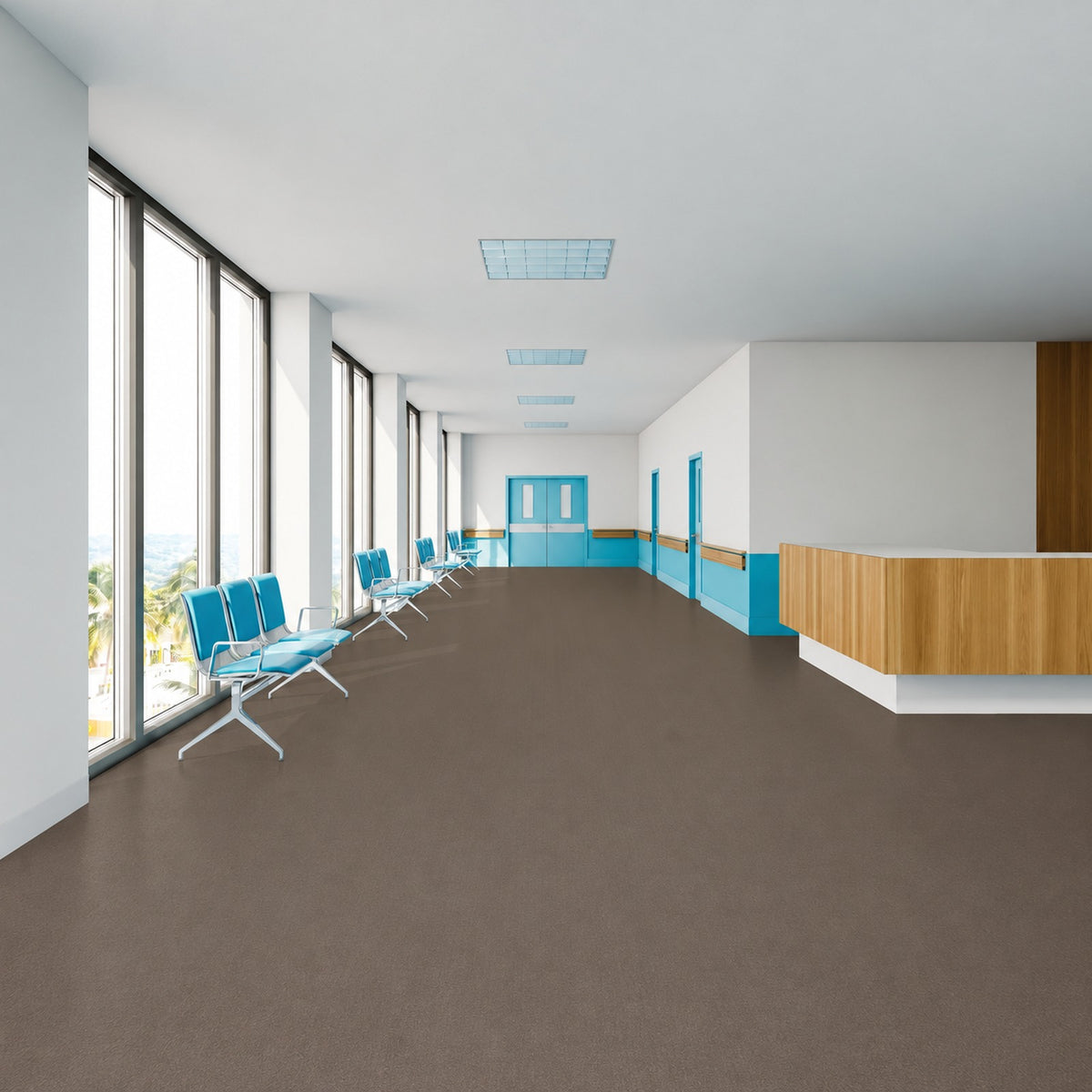 Armstrong Medintone Comforting Brown sheet vinyl, a warm mid-brown, in a healthcare waiting corridor with blue seating, a wood reception desk and tall windows.