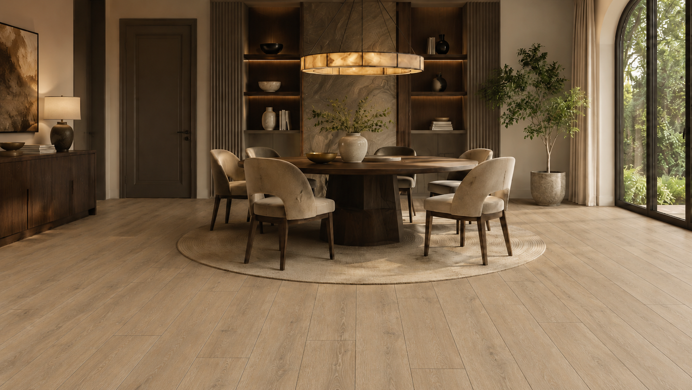 Luxway Driftway taupe greige waterproof luxury vinyl plank flooring in a warm modern American dining room with natural light, arched glass doors, a round wood table, neutral chairs, and realistic weathered oak grain. 