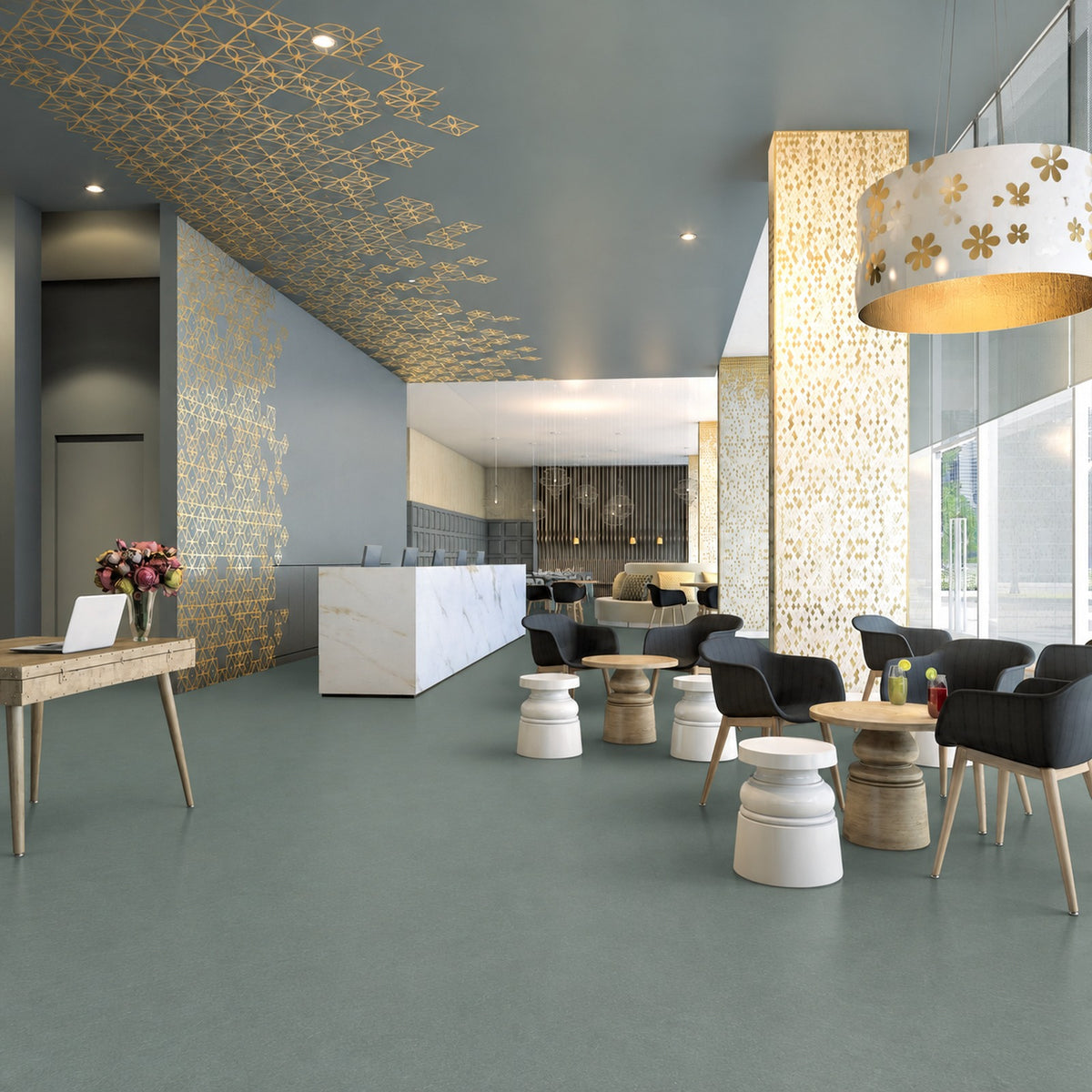 Armstrong Medintone Gotu Kola sheet vinyl, a muted gray-green, in a lobby with a marble reception counter and café tables with black chairs.