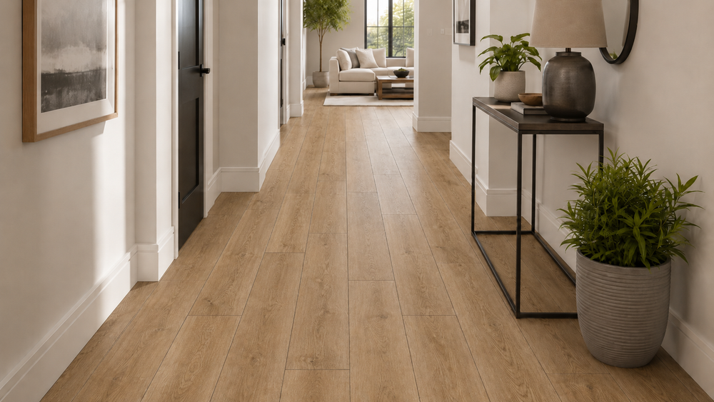 Luxway Heritage warm medium honey waterproof SPC luxury vinyl plank flooring in a bright modern American hallway with white walls, black door, console table, indoor plants, and classic natural oak grain. 