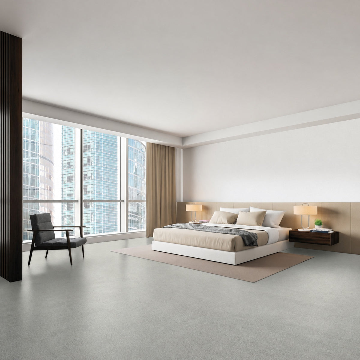 Armstrong Medintone Jasmine Bloom sheet vinyl, a pale gray with soft mottling, in a bedroom with a platform bed, area rug and floor-to-ceiling city-view windows.