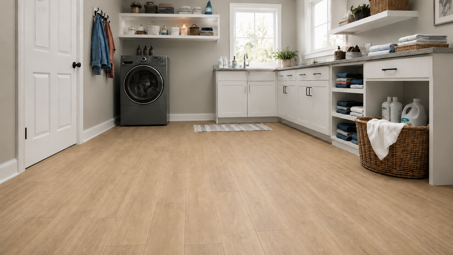 Luxway Weston light creamy blonde waterproof SPC luxury vinyl plank flooring in a bright modern American laundry room with white shaker cabinets, black washer, open shelving, woven basket, folded towels, and soft natural oak grain. 
