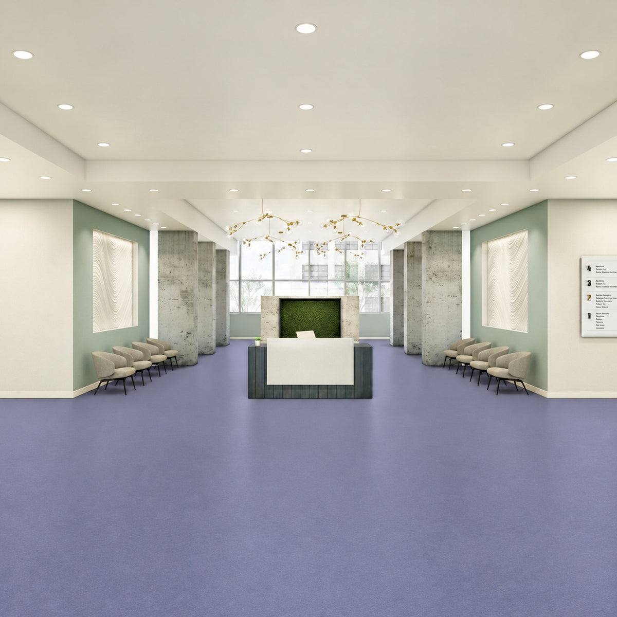 Armstrong Medintone Lavendula sheet vinyl, a soft periwinkle lavender, in a lobby with a central reception desk and rows of waiting chairs.