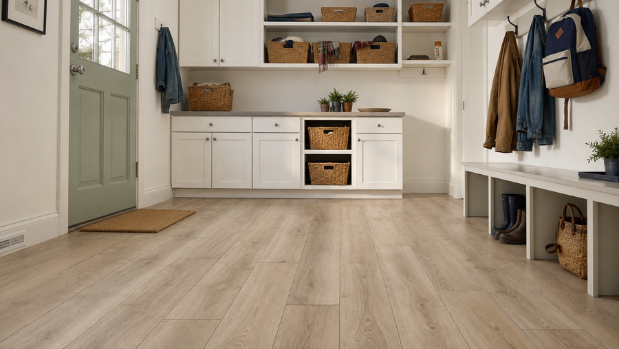 Luxway Timberton soft beige-tan waterproof SPC luxury vinyl plank flooring in a bright modern American mudroom with white built-in cabinets, woven storage baskets, sage green door, coat hooks, bench, boots, and realistic natural oak grain. 