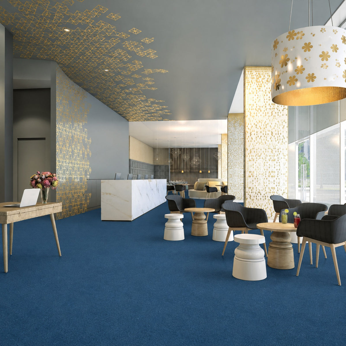 Armstrong Medintone Quiet Night sheet vinyl, a deep blue with a fine speckle, in a lobby with a marble reception counter and café tables with black chairs.