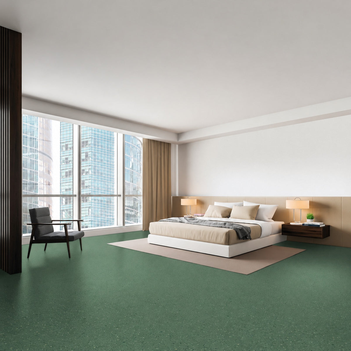 Armstrong Medintone Sea Glass sheet vinyl, a deep jade green with light flecks, in a bedroom with a platform bed, area rug and floor-to-ceiling city-view windows.