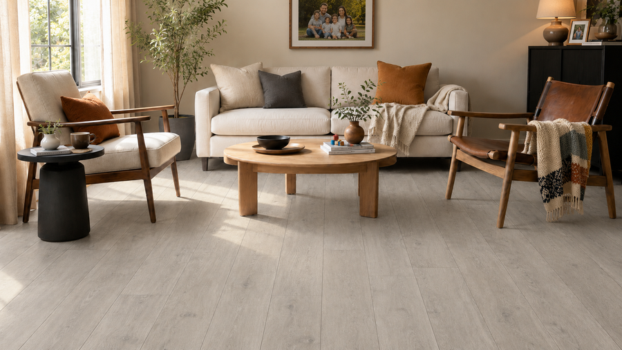 Luxway Winslow light cool gray waterproof SPC luxury vinyl plank flooring in a modern American sitting room with cream sofa, wood accent chairs, indoor plants, warm neutral decor, and realistic bleached oak grain. 