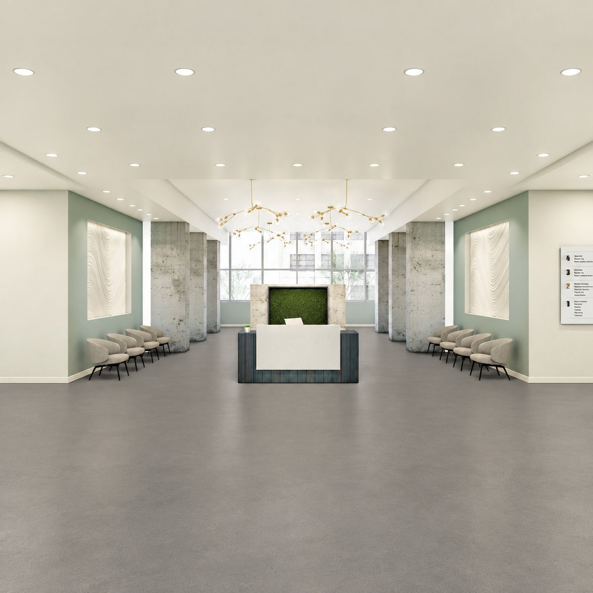 Armstrong Medintone Talisman sheet vinyl, a medium warm gray with soft mottling, in a lobby with a central reception desk and rows of waiting chairs.