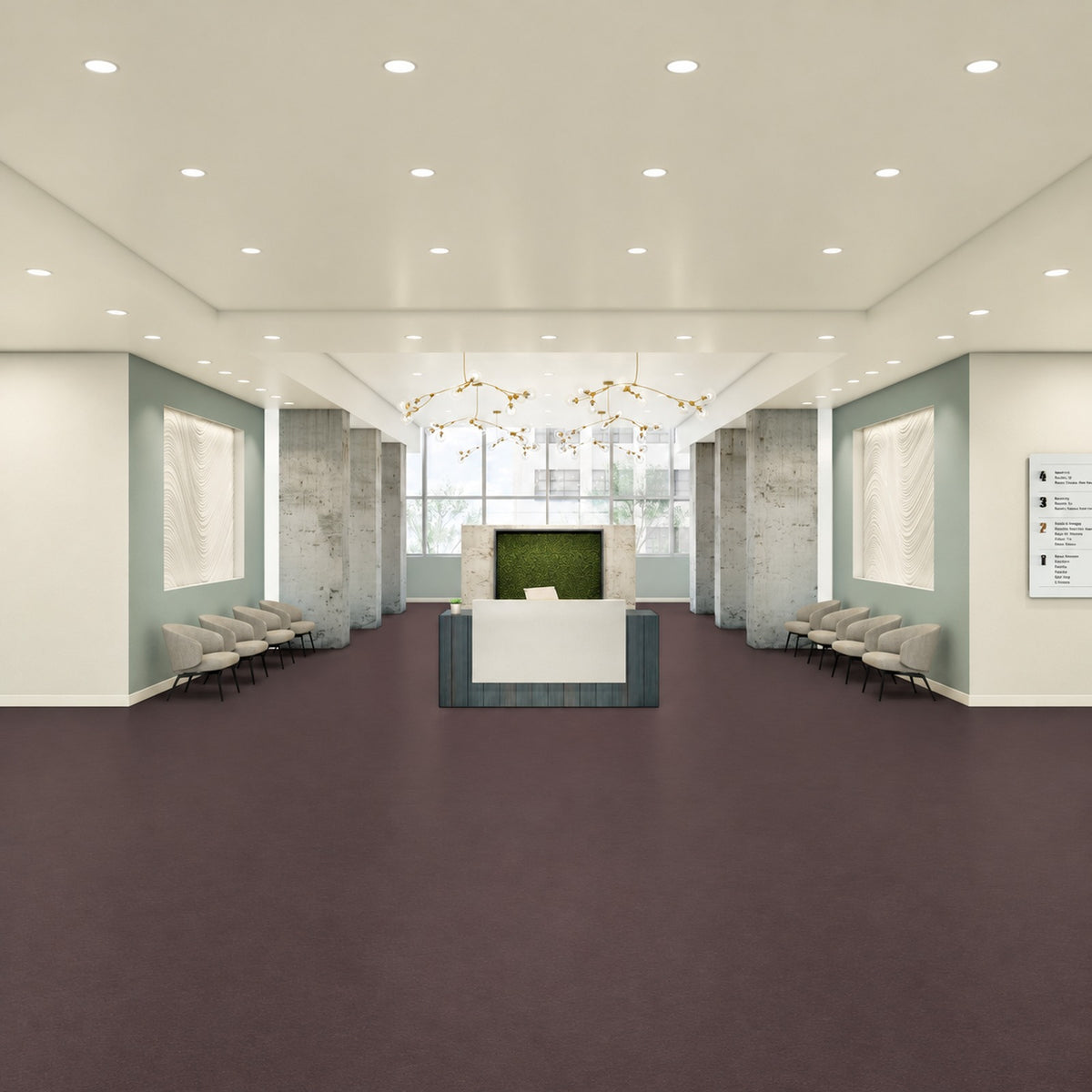 Armstrong Medintone Wildberry sheet vinyl, a deep plum, in a lobby with a central reception desk and rows of waiting chairs.