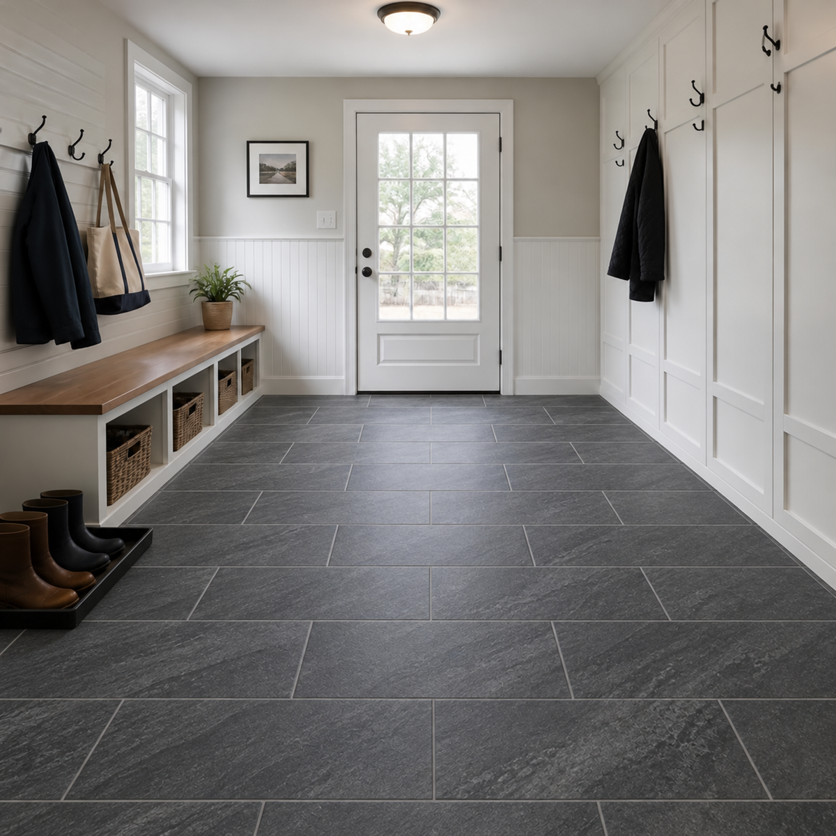 Mudroom with white paneled walls, coat hooks, a wood-top storage bench with wicker baskets, a boot tray, and a white glass-paneled door over Armstrong Alterna Curvatures Dynamic Grey D7162 12x24 vinyl tile flooring.
